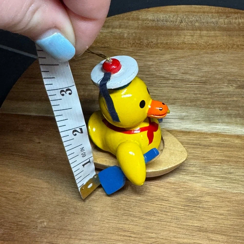 Vintage Wooden Duck Sailor Ornament Rowing Boat Nautical Hand Painted Yellow Oar